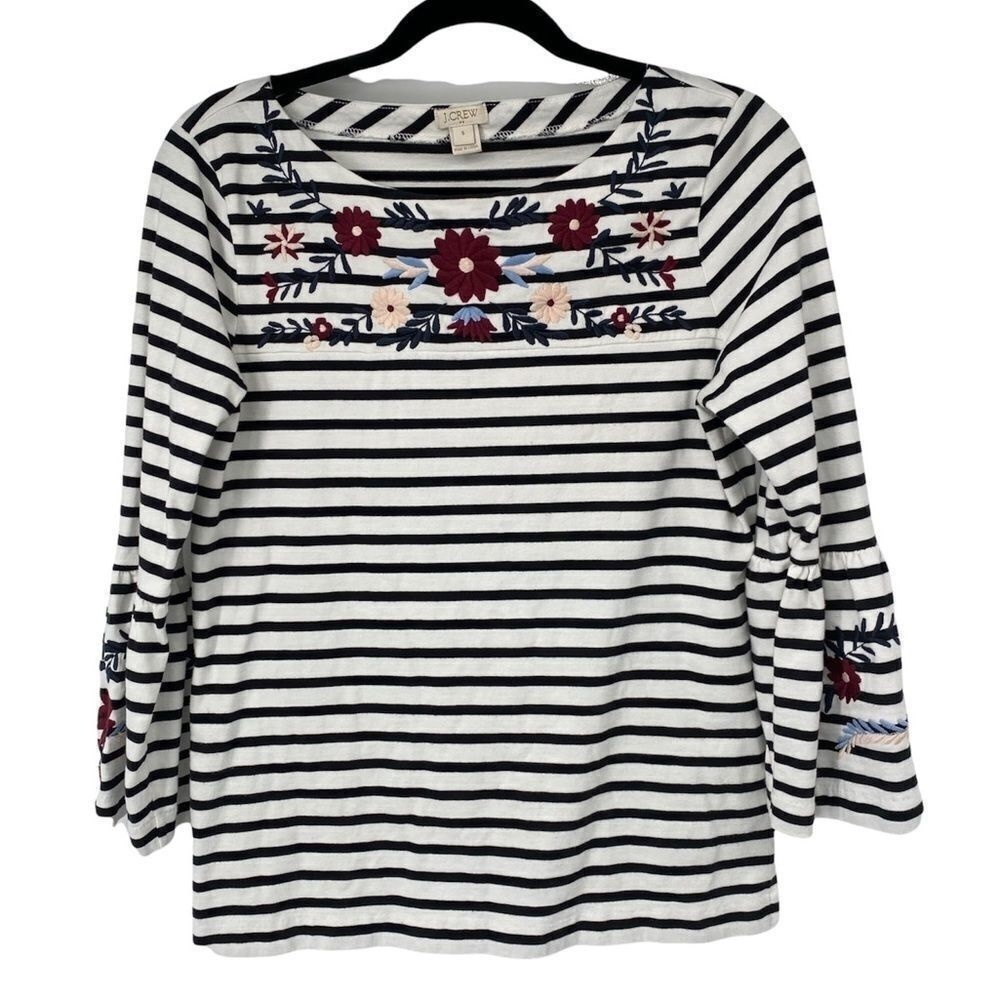 J. Crew Factory  White Navy Blue Horizontal Striped Floral Embroidered Top‎